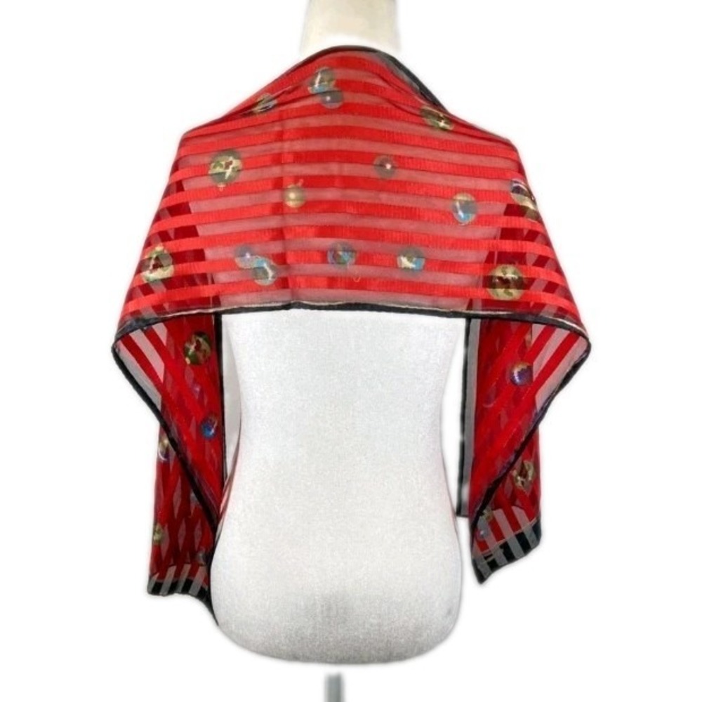 Vintage Liz Claiborne Scarf Red Christmas Balls Sheer Stripes Holiday Ornaments